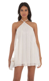 Shimmer Halter Shift Dress in White